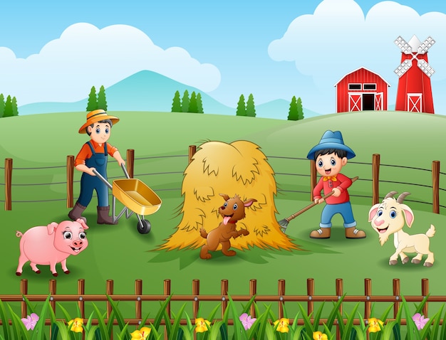 Charming Farm Scene with Friendly Animals and Farmers | Jiffy Designs