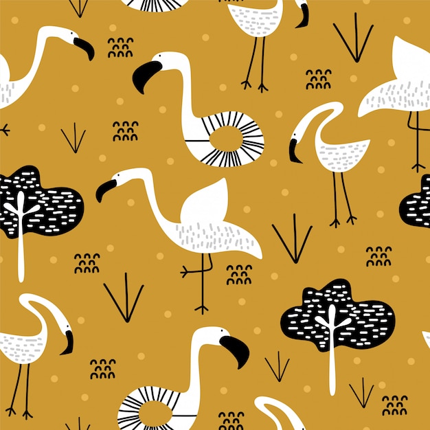 Stylized Cranes and Foliage Pattern in Earthy Tones | Jiffy Designs