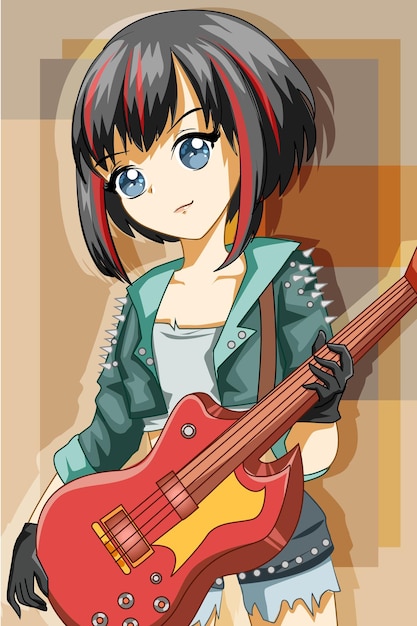 Rocking Anime Girl with Electric Guitar and Vibrant Style | Jiffy Designs