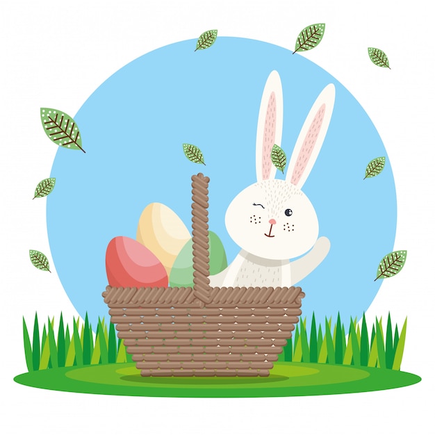 Adorable Easter Bunny in a Wicker Basket with Colorful Eggs | Jiffy Designs