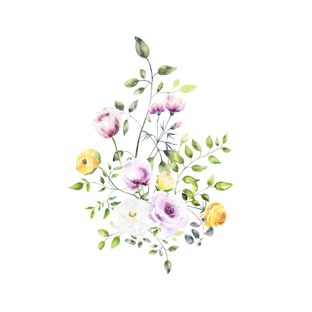 Delicate Watercolor Floral Bouquet with Roses and Wildflowers | Jiffy ...