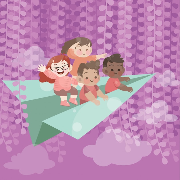 Kids riding a paper airplane in a dreamy landscape | Jiffy Designs