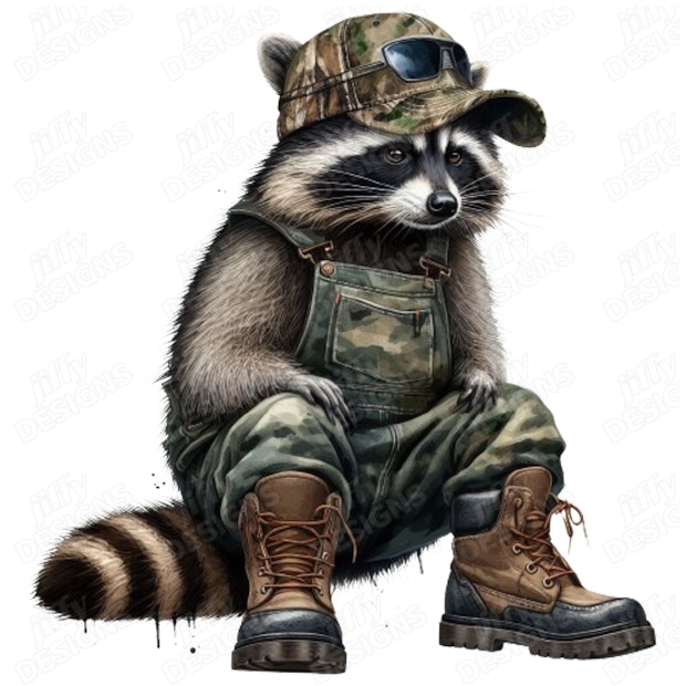Raccoon in Camouflage Attire and Combat Boots | Jiffy Designs
