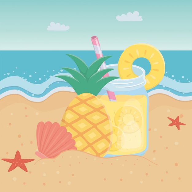 Vibrant Tropical Beach Scene with Pineapple Cocktail | Jiffy Designs