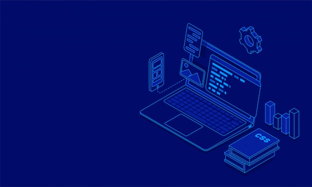 Isometric Blue Laptop with Code and Analytics Illustration | Jiffy Designs