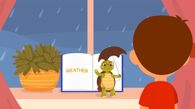 Boy Reading Weather Book with Turtle Character Illustration | Jiffy Designs