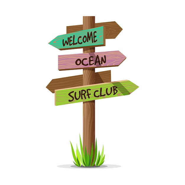 Colorful Wooden Directional Signs Point to Ocean and Surf Club | Jiffy ...