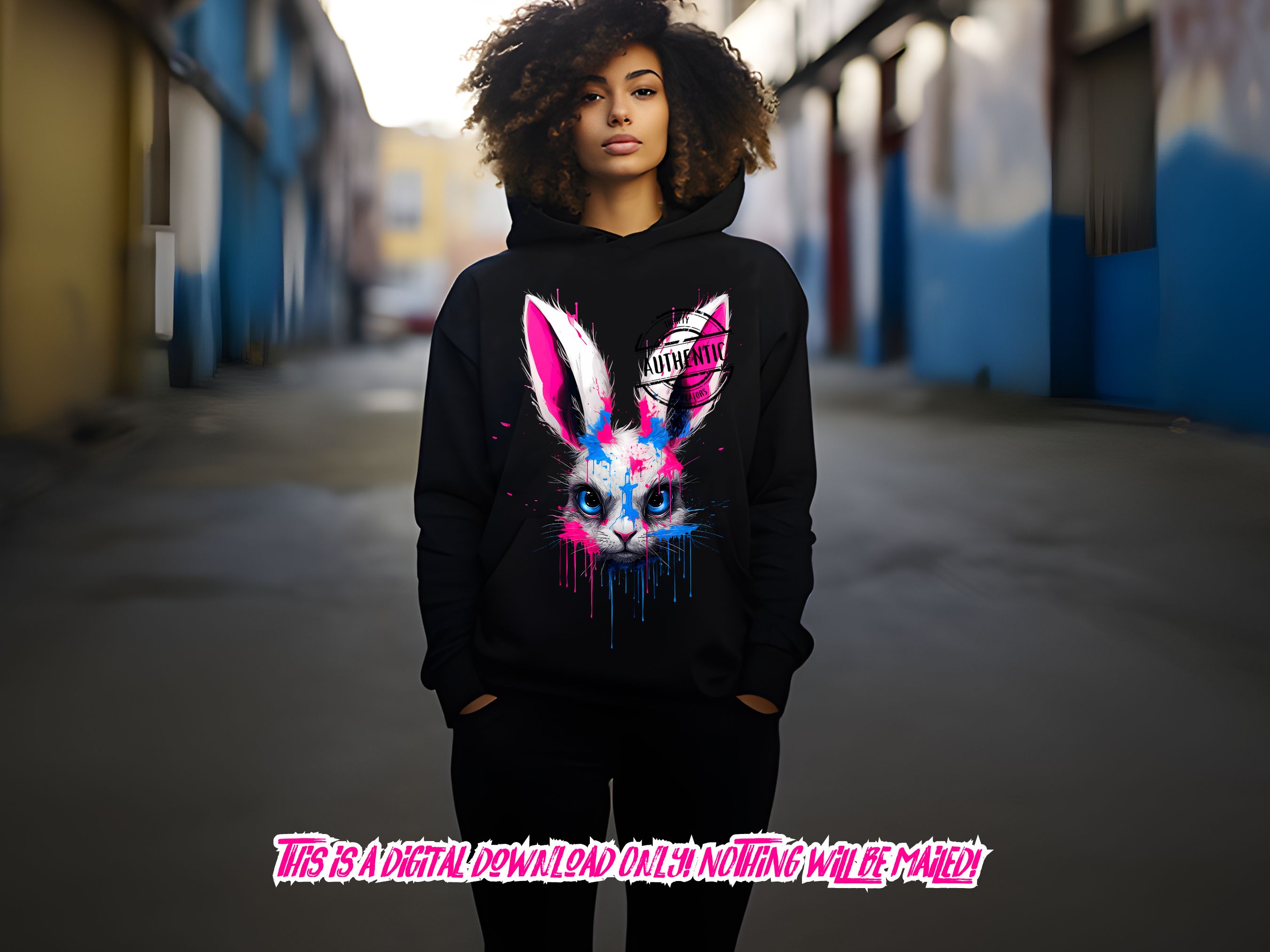 Vibrant Rabbit Portrait with Splattered Paint and Piercing Blue Eyes ...