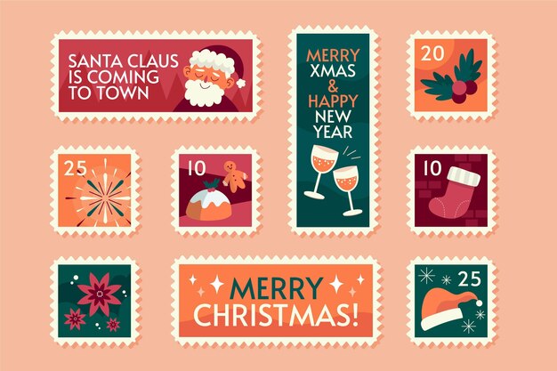 Festive Holiday Stamp Collection Featuring Santa, Xmas, and New Year ...
