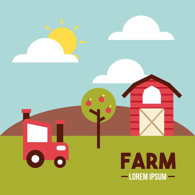 Colorful Farm Scene with Tractor, Barn and Sun Illustration | Jiffy Designs