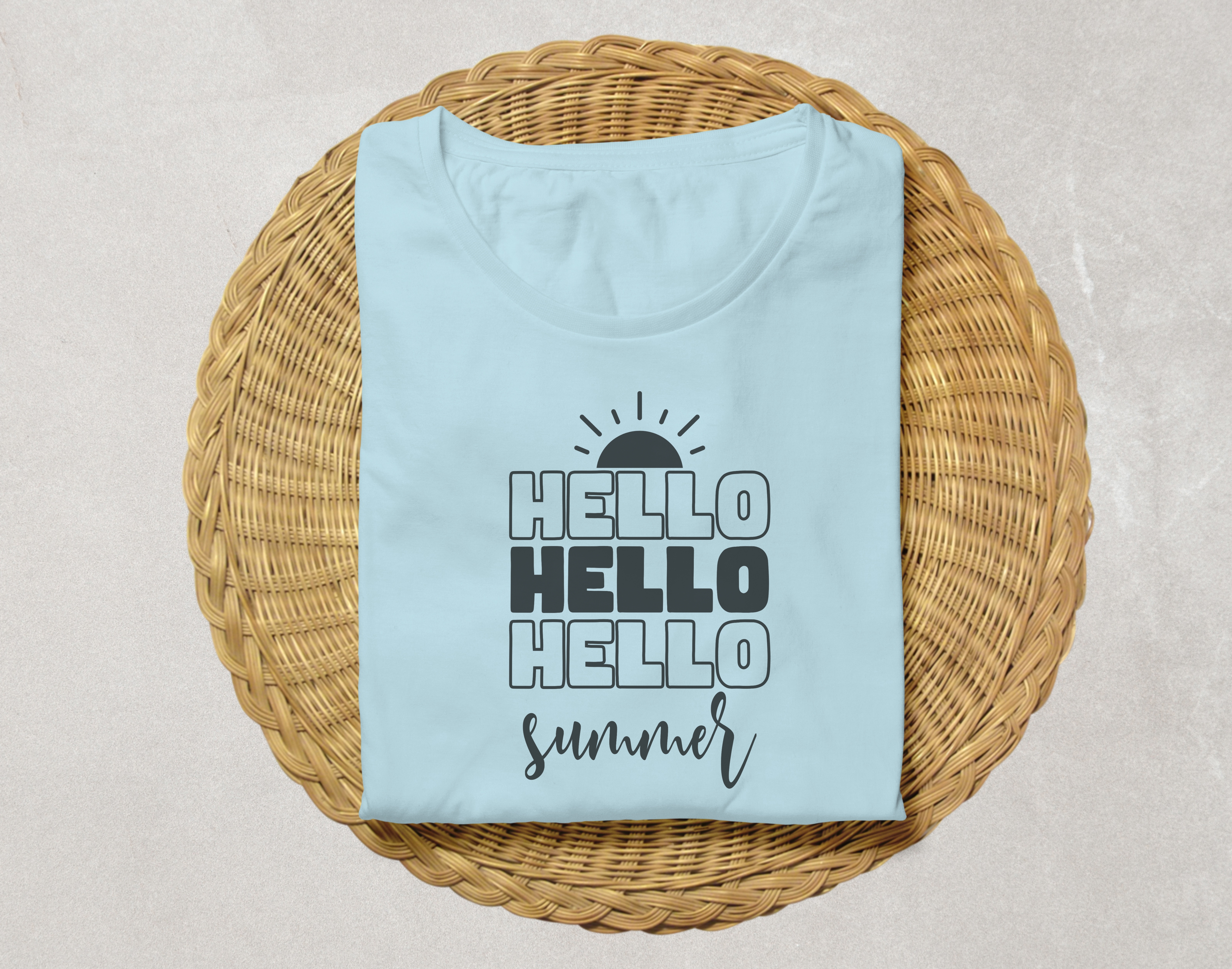'Hello Hello Hello Summer' Bold Typography with Rising Sun Graphic ...