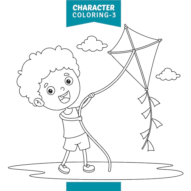 Playful Boy Flying a Kite Among Clouds Coloring Page | Jiffy Designs