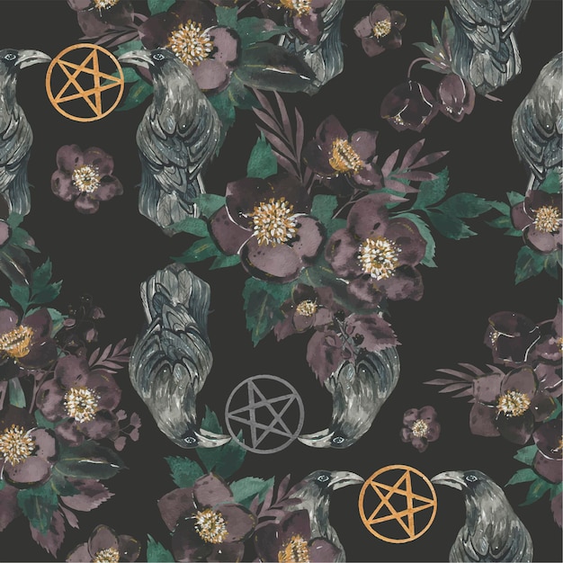 Floral Pattern with Pentagram Symbols on Dark Background | Jiffy Designs