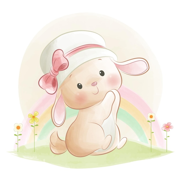 Adorable Bunny Rabbit Illustration with Rainbow and Flowers | Jiffy Designs