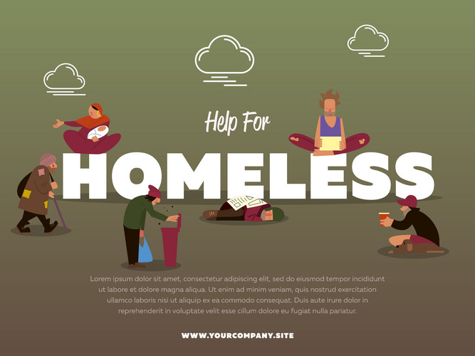 Help For Homeless Banner With Hungry Beggar Holding Message Banner And ...