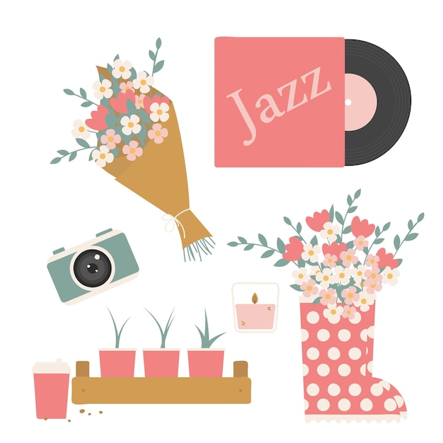 Vibrant Jazz-Themed Graphic Collection with Flowers and Retro Elements ...