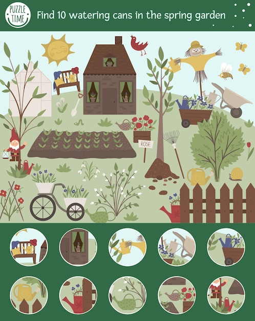 Whimsical Spring Garden Illustration with Hidden Object Challenge ...