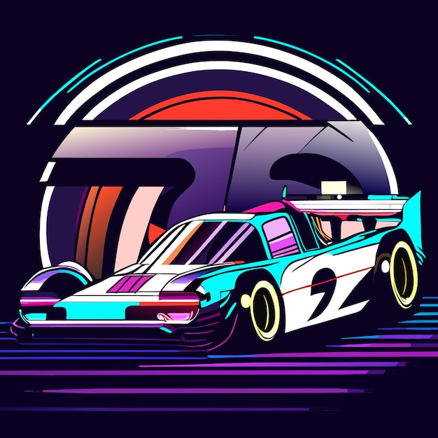 Retro Neon Race Car Illustration with Vibrant Sunset | Jiffy Designs