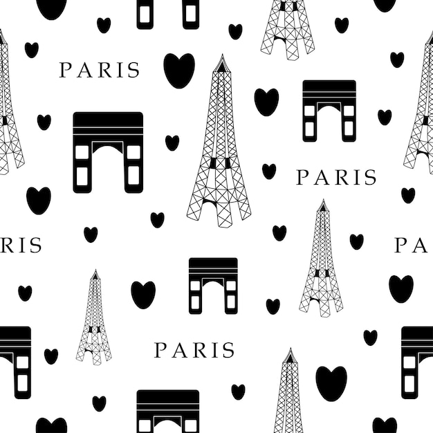 Iconic Parisian Landmarks and Hearts in Monochrome Seamless Pattern ...