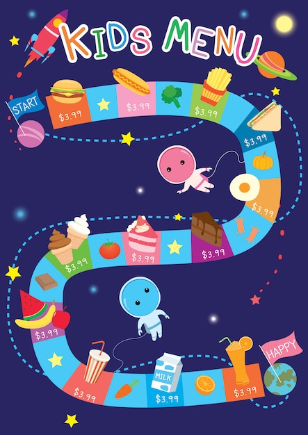 Vibrant Cosmic Kids Menu with Playful Food Icons | Jiffy Designs