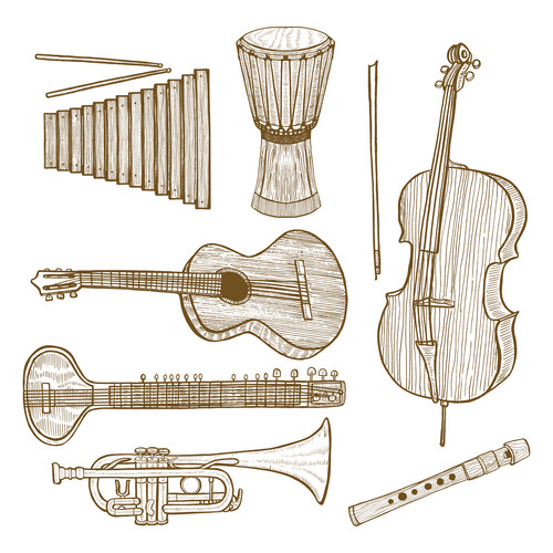 Set Of Musical Instruments. Collection In Hand Drawn Style For Surface ...