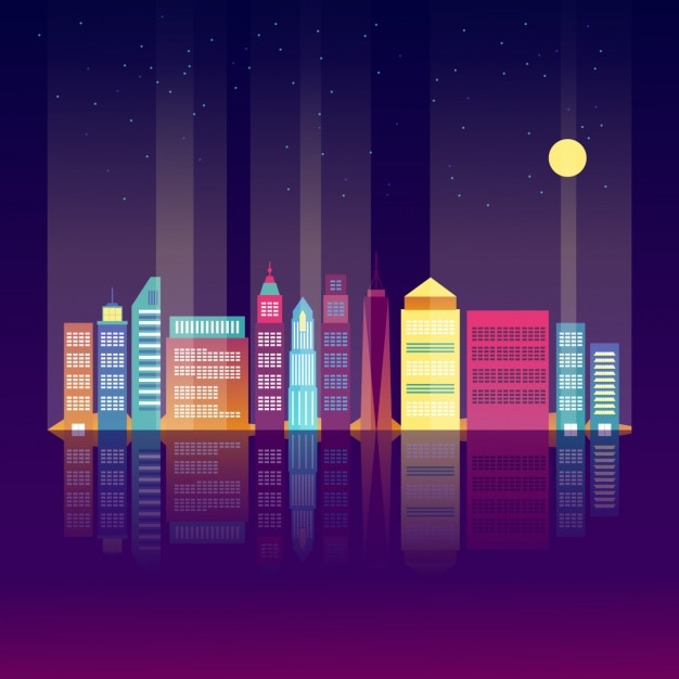 Vibrant City Skyline Illustration with Moonlit Night Sky | Jiffy Designs