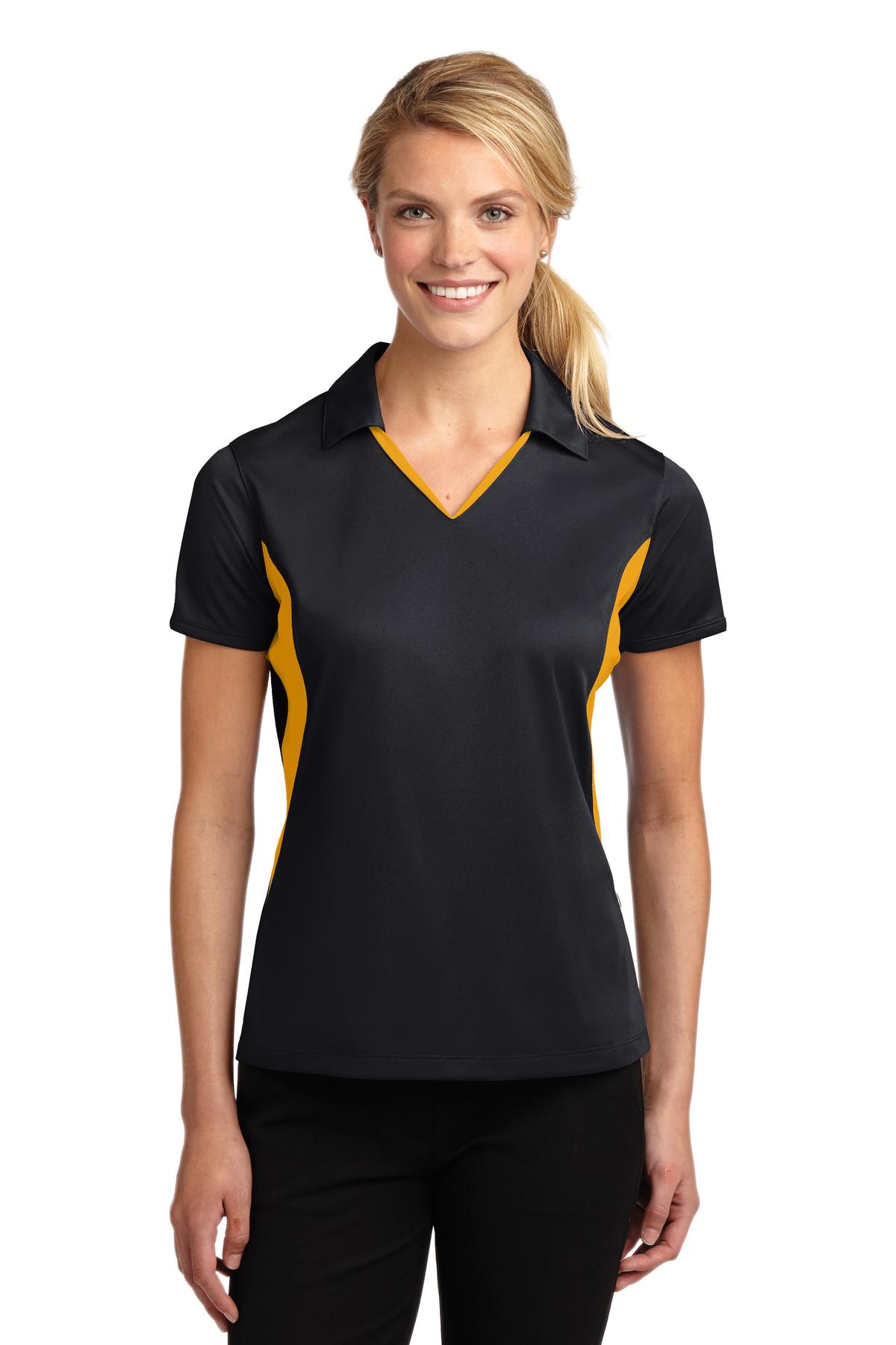 Sport Tek Women s Side Blocked Micropique Sport Wick Polo Lst655 Black Gold Jiffy