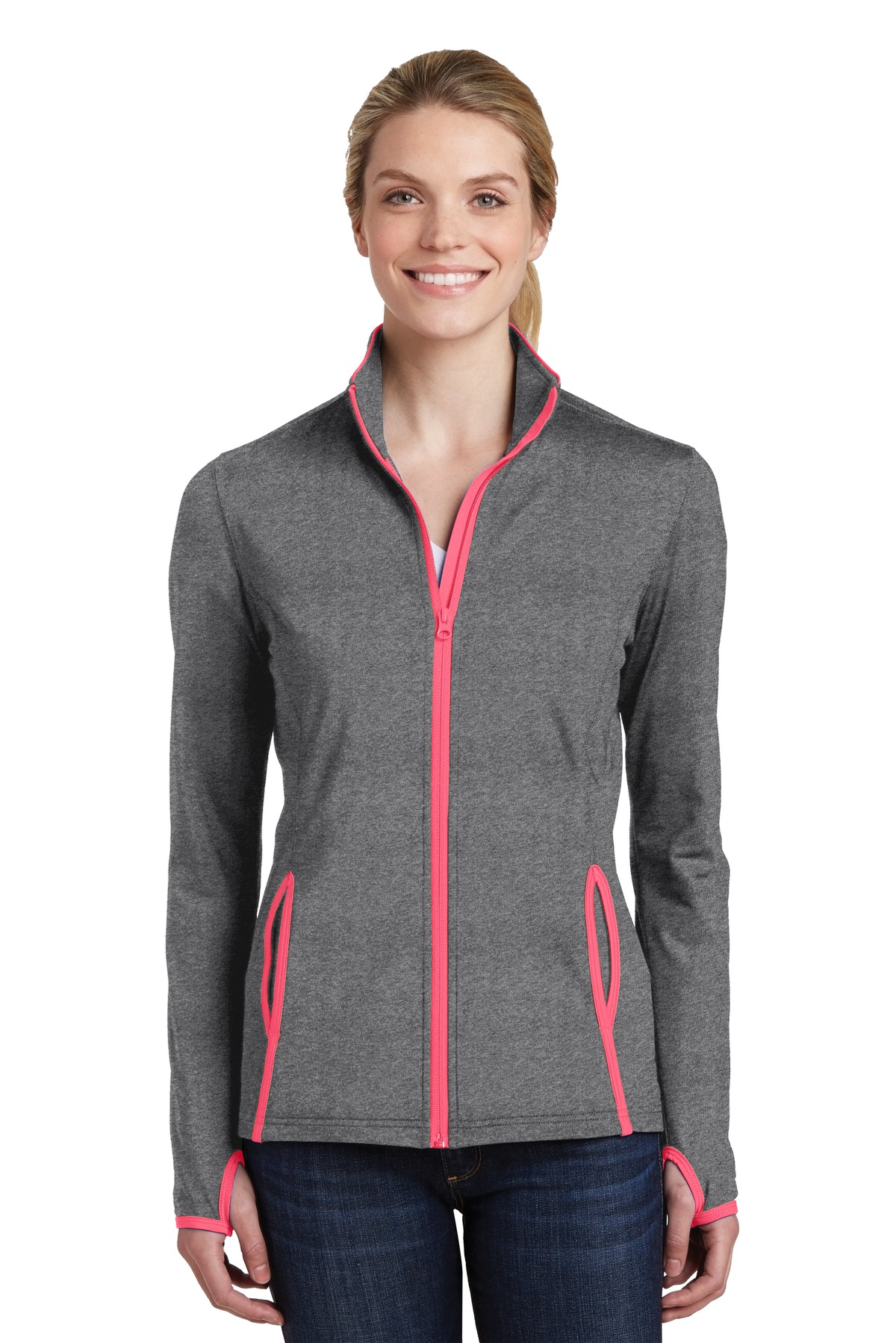 Sport-Tek LST853 Charcoal Gray Heather / Hot Coral