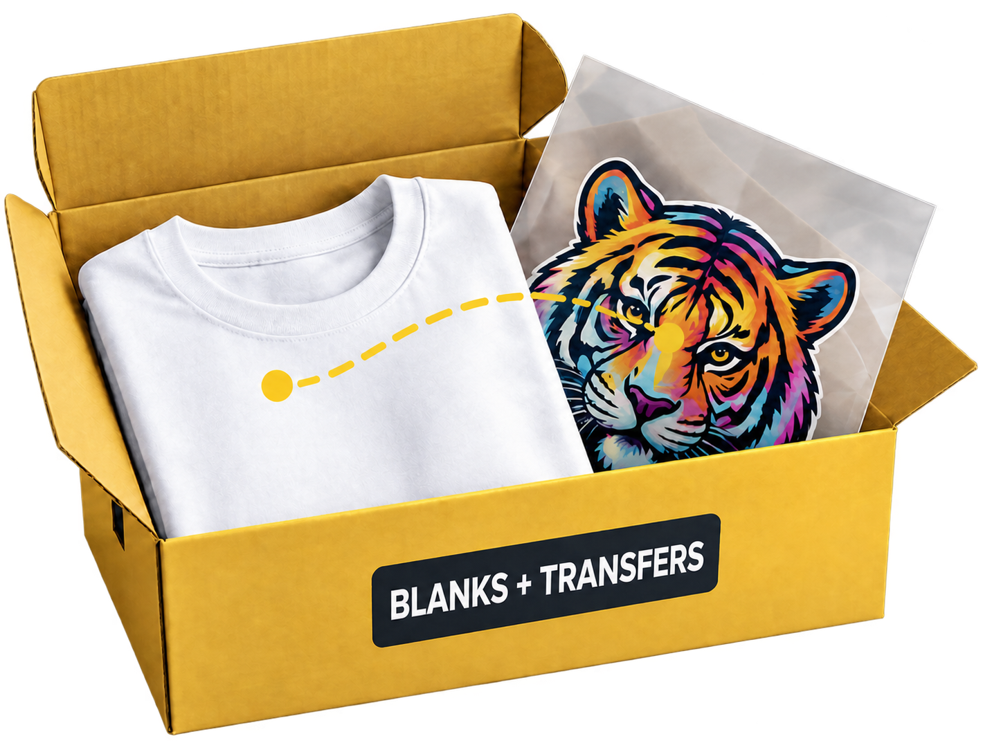 A Jiffy delivery box with a blank shirt and colorful transfer.
